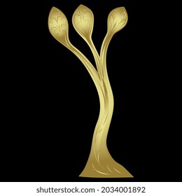 Stylized tree or branch. Medieval illuminated manuscript floral motif. Golden glossy silhouette on black background.