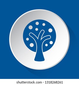 stylized tree with branches and fruits - simple blue icon on white button with shadow in front of blue square background