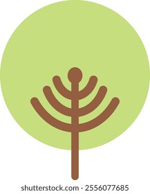 Stylized tree with a brown trunk and branches, set against a light green circular background. The branches form a symmetrical pattern resembling a menorah.