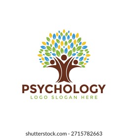 Árvore estilizada com tronco marrom e folhas multicoloridas, formando figuras humanas, simbolizando crescimento e harmonia. O logotipo apresenta uma tipografia arrojada e um design limpo.