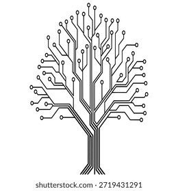 Stylized tree with circuit board branches and nodes, symbolizing technology and nature fusion.