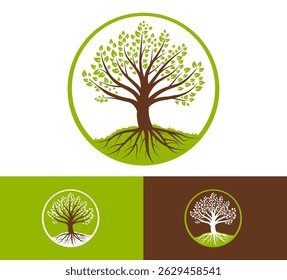 stylized tree circular frame, green leaves and visible roots