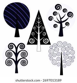 Stylized Tree Collection in Geometric Shapes Black and Blue Minimalist Design