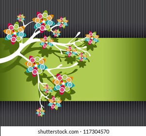 Stylized Tree with Colorful Blossoms on Green and Black Striped Background Vector Illustration