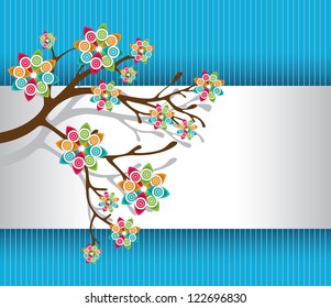 Stylized Tree with Colorful Blossoms on White and Blue Striped Background Vector Illustration