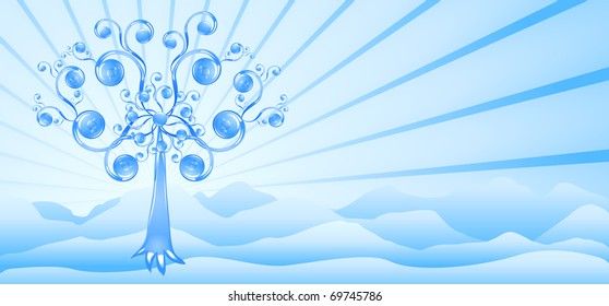 Stylized tree consisting of water curls on the background of blue mountains