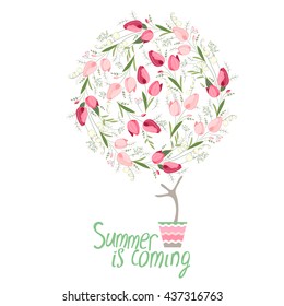 Stylized tree in cute flower pot. Topiary with different flowers
