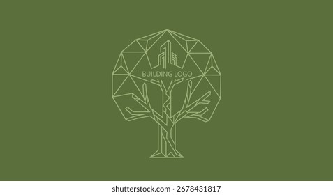 A stylized tree design with geometric shapes forming the canopy, set against a solid green background, creating a modern and minimalist aesthetic.