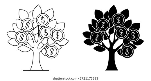 Árbol estilizado con monedas de dólar como fruta, presentado en las versiones de arte de línea y silueta.