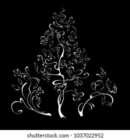 stylized tree with flowers and berries on branches in white lines on black background
