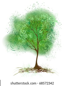 stylized tree with foliage painted with green paint on a white background.