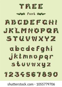 Stylized tree font for logo and text. Vector alphabet letters and numbers.