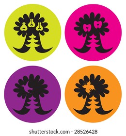 Stylized tree with fruit, bird and butterfly in varicolored circumference