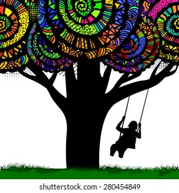 Stylized tree and a girl on a swing. Vector