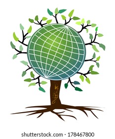 Stylized tree with a globe in treetop - symbol for ecology and environment, nature protection, renewability of resources