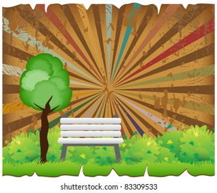 Stylized tree with green bushes, bench on the lawn and abstract grunge background