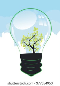 Stylized tree with green leaves inside of a light bulb.