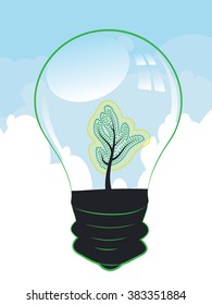 Stylized tree with green leaves inside of a light bulb.