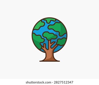 Stylized tree growing from earth globe representing environmental awareness. Artistic icon featuring lush tree branches forming spherical canopy over world map concept for reforestation sustainable living climate change action green planet.