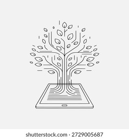 A stylized tree growing from a laptop, symbolizing technology and nature harmony.