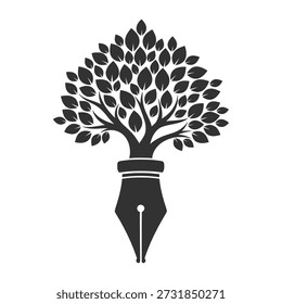 A stylized tree grows from a fountain pen nib, symbolizing creativity and writing.