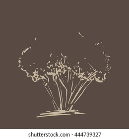 Stylized tree. Hand drawn. Beige tree sketch silhouette isolated on dark brown background. Vector illustration. Vintage engraved background. 