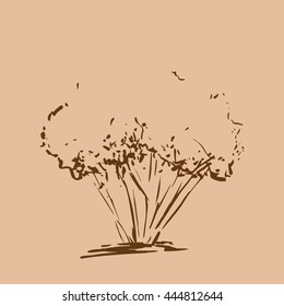 Stylized tree. Hand drawn. Brown tree sketch silhouette isolated on beige background. Vector illustration. Vintage engraved background. 