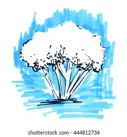 Stylized tree. Hand drawn. Tree sketch silhouette on light blue background. Vector illustration. Vintage engraved background. 