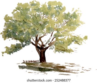 A stylized tree hand-painted with watercolors
