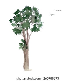 A stylized tree hand-painted with watercolors