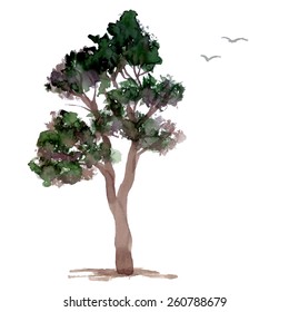 Árbol estilizado pintado a mano con acuarelas
