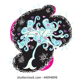 Stylized tree with heart in freezing rime, symbolizing strong, as frost, love