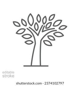 Stylized tree icon. Simple outline style. Growth branch, leaves, trunk, vintage concept. Thin line symbol. Vector illustration isolated. Editable stroke.