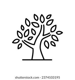 Stylized tree icon. Simple outline style. Growth branch, leaves, trunk, vintage concept. Thin line symbol. Vector illustration isolated.