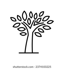 Stylized tree icon. Simple outline style. Growth branch, leaves, trunk, vintage concept. Thin line symbol. Vector illustration isolated.
