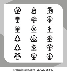Ícones de árvore estilizados com vários designs naturais e abstratos, perfeitos para projetos gráficos, de impressão e da Web
