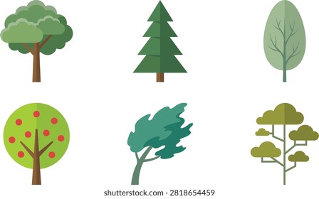 Stylized tree illustrations including broad‑leaved, coniferous, oval, fruit‑bearing, wind‑swept, and geometric designs, ideal for educational, creative, and commercial design projects