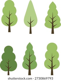 Ilustraciones de árboles estilizados con follaje verde variado y Formas de tronco, ideales para el diseño o la educación con temas de naturaleza