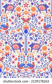 Stylized tree, intricate flowers, leaves, berries, fruits, plants, shapes in Scandinavian style. Cute pig is about to eat an apple, butterflies, birds. Maximalist folk design trend based on nature.