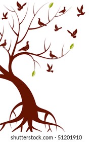 Stylized Tree with leafs and bird, for design, vector illustration