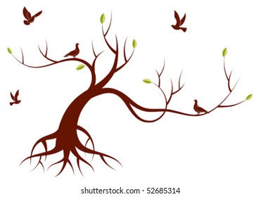 Stylized Tree with leafs and bird, for design, vector illustration