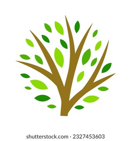 Árbol estilizado con hojas. Ilustración o concepto para emblema y diseño.