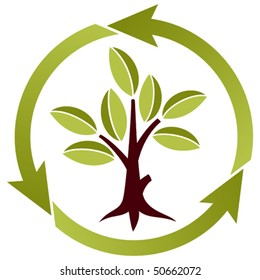Stylized Tree with leaves and recycling symbol isolated on white background, all element grouping together, for design