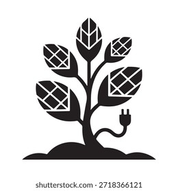 A stylized tree with leaves shaped like solar panels and a plug