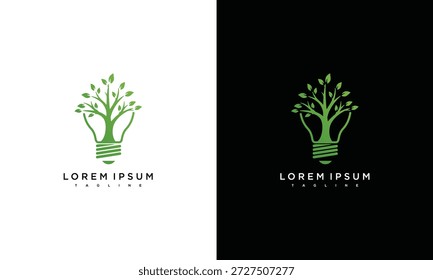 Logotipo estilizado de un árbol en una bombilla, que simboliza la innovación y el crecimiento, presentado sobre fondos blancos y negros contrastantes desde un punto de vista sencillo