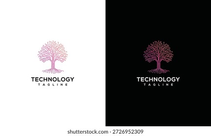 Ein stilisiertes Baumlogo auf zweifarbigem, weißem und schwarzem Hintergrund, das Technologie als Symbol für Wachstum und Innovation aus einer einfachen Perspektive darstellt