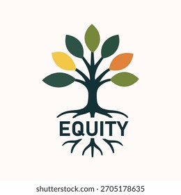 Um logotipo de árvore estilizado com raízes fortes e folhas coloridas, simbolizando equidade, crescimento e sustentabilidade. Este design moderno representa uma base equilibrada e inclusiva.