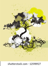 stylized tree  on grunge background with floral ornaments