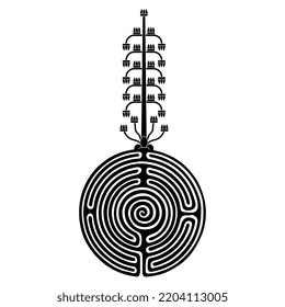 Stylized tree on top of a round spiral maze or labyrinth symbol. Ancient Assyrian floral design. Black and white silhouette.