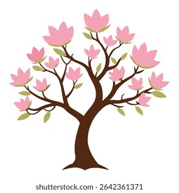 Stylized tree with pink blossoms and green leaves